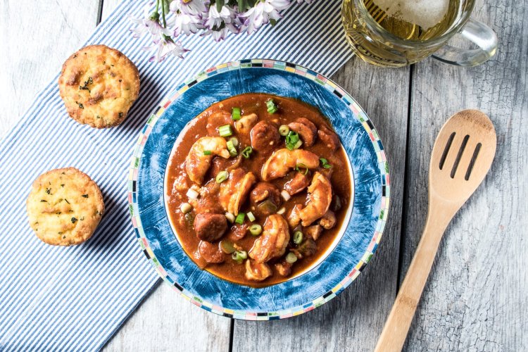 a plate of chicken shrimp gumbo with sausage a plate of chicken shrimp gumbo with sausage