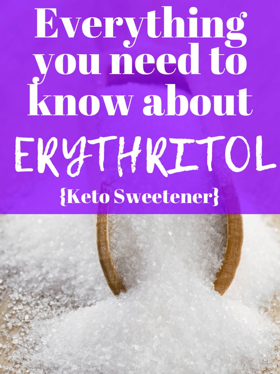 A small cup spilling over with erythritol and a text overlay about it being a keto sweetener A small cup spilling over with erythritol and a text overlay about it being a keto sweetener