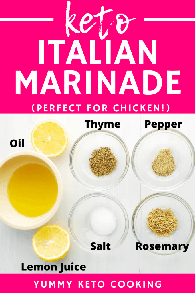 Ingredients to make keto chicken marinade, including olive oil, lemon, salt, pepper, thyme, and rosemary Ingredients to make keto chicken marinade, including olive oil, lemon, salt, pepper, thyme, and rosemary