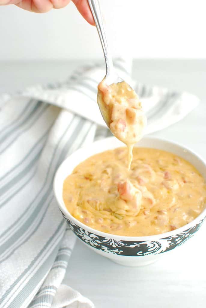Super rich low carb queso in a bowl with some on a spoon Super rich low carb queso in a bowl with some on a spoon
