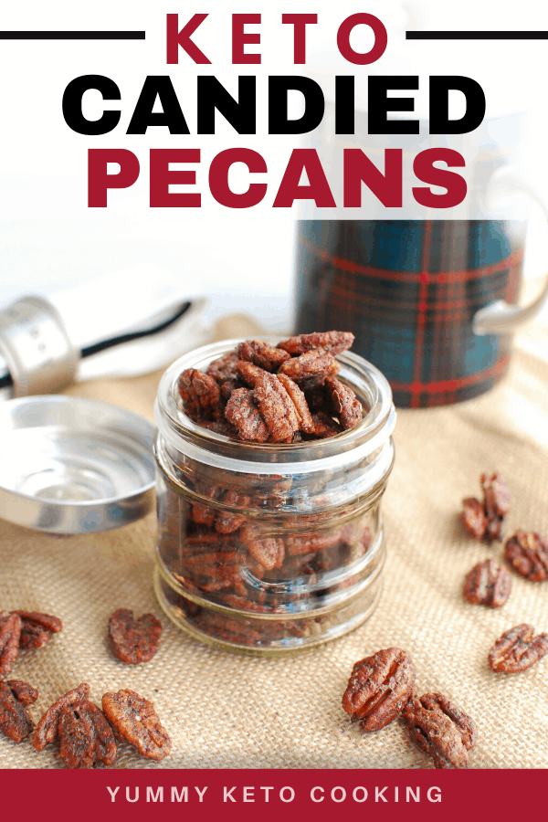 A small glass jar full of keto candied pecans A small glass jar full of keto candied pecans