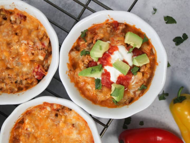 keto taco casserole in a white bowl keto taco casserole in a white bowl