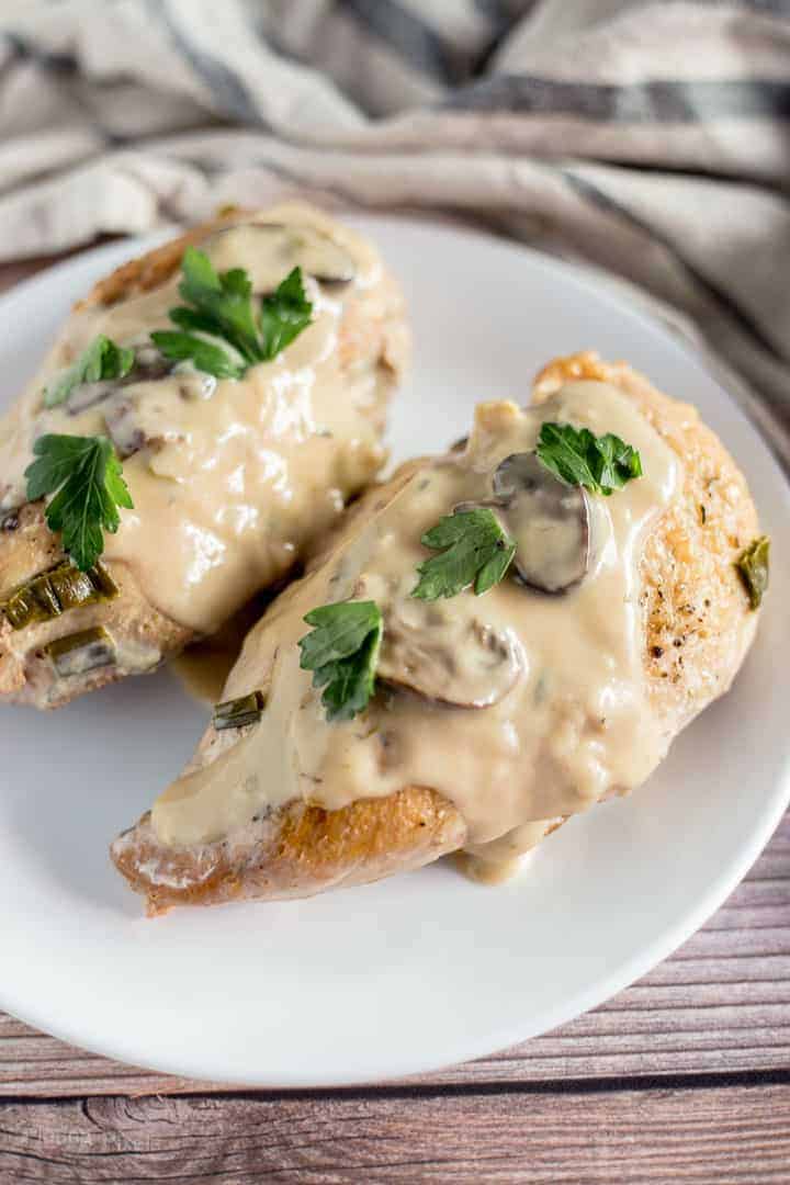slow cooker keto turkey marsala on a white plate slow cooker keto turkey marsala on a white plate