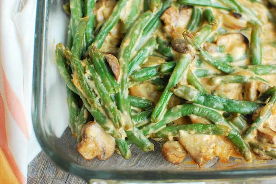 Casserole dish with keto green bean casserole in it Casserole dish with keto green bean casserole in it