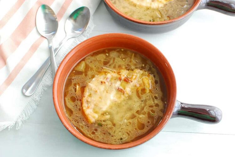 A bowl full of keto french onion soup