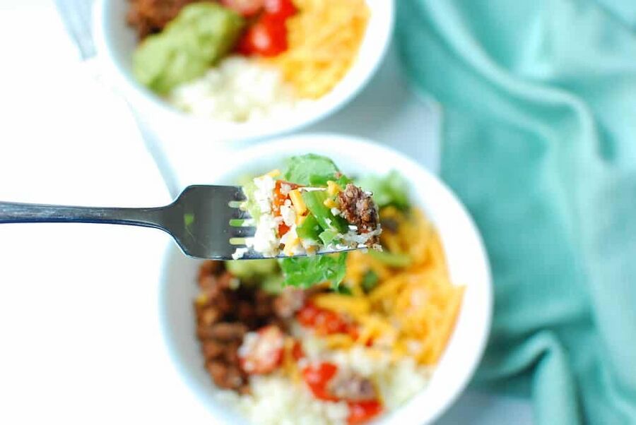 A forkful of a keto taco bowl A forkful of a keto taco bowl