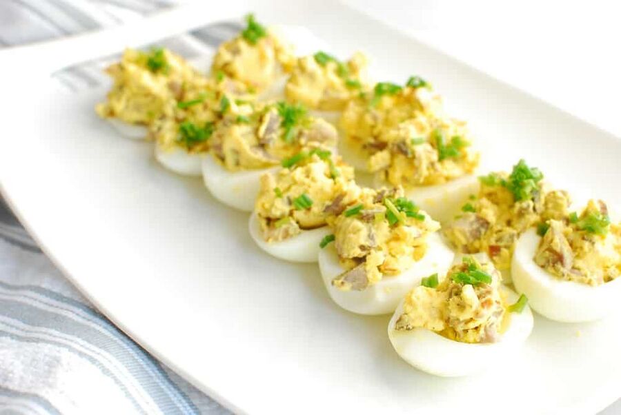 Keto deviled eggs on a white plate Keto deviled eggs on a white plate
