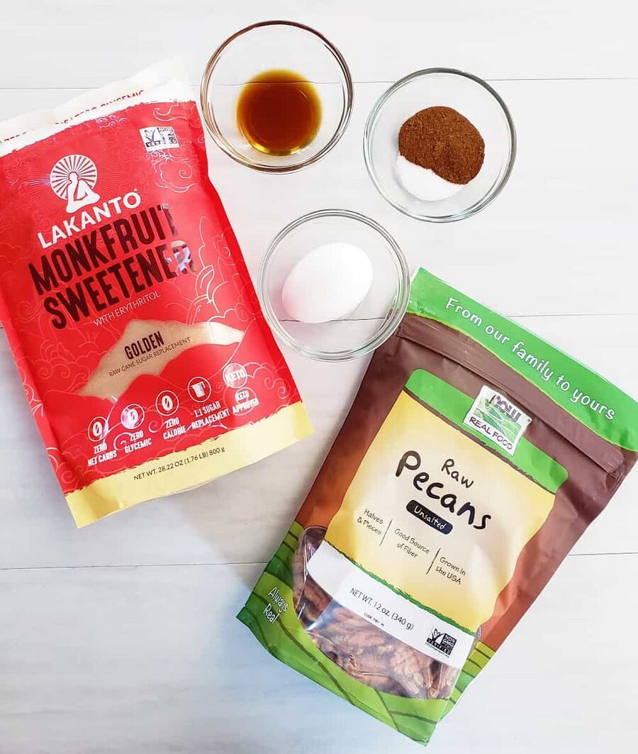 Ingredients including golden sweetener, raw pecans, egg white, cinnamon, salt, and vanilla Ingredients including golden sweetener, raw pecans, egg white, cinnamon, salt, and vanilla