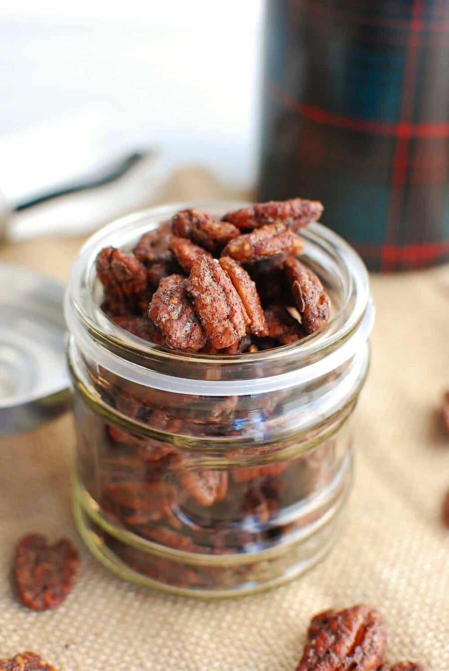 keto candied pecans in a glass jar keto candied pecans in a glass jar