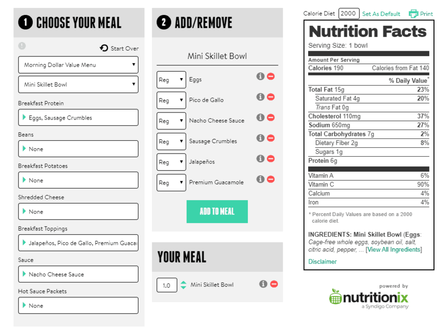 Taco Bell Mini Skillet Bowl nutrition facts that were customized to be low carb Taco Bell Mini Skillet Bowl nutrition facts that were customized to be low carb
