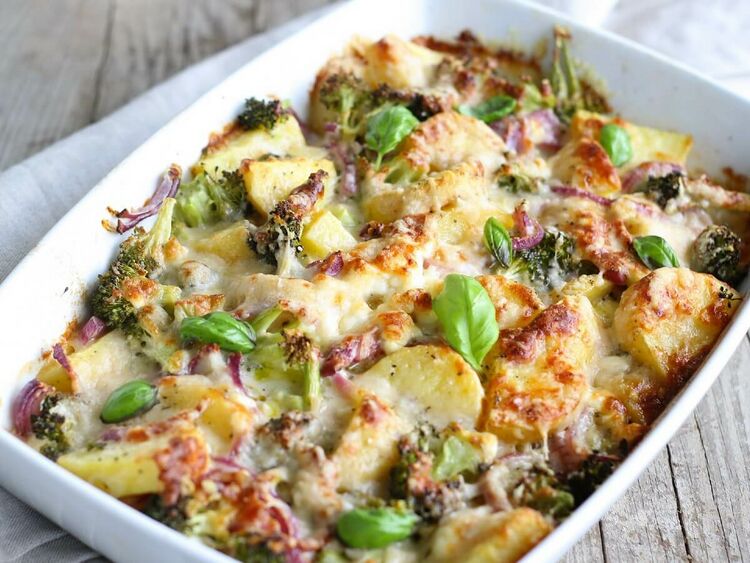 Oven baked cheesy turnip casserole in a casserole dish